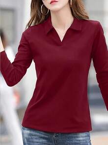 Camiseta casual, versátil, de manga larga y cuello vuelto, de unicolor, para mujer, primavera y verano - Rojo - Ver 6