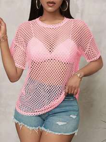 Camiseta de mujer de manga corta, versátil, sexy y casual, de malla de ganchillo suelta, para festival de música - Rosa - Ver 8