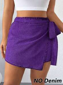 Falda pantalón informal de aspecto de mezclilla con doblez asimétrico y nudo lateral para mujer talla grande - Morado - Ver 5