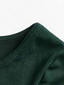 Camiseta de manga larga de ajuste ceñido con cuello alto y mangas raglán, estilo minimalista casual para mujer, primavera/otoño - Verde Oscuro - Ver 6