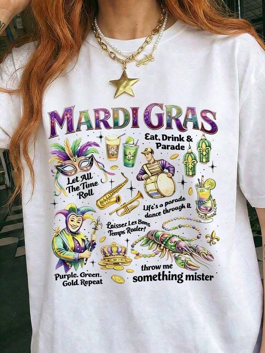 Camiseta casual de mujer con estampado gráfico de collage de Mardi Gras y Carnaval, estilo vintage, de manga corta, cuello redondo, estilo oversize, top de moda urbana con estética Y2K, ligera y transpirable para uso diario, perfecta para el desfile de Nueva Orleans, la celebración del Martes Grueso, festivales de música, conciertos, vacaciones de verano, salidas a la playa, fiestas de carnaval, regalo para entusiastas de Mardi Gras y la cultura de la Luisiana. - Blanco - Ver 1