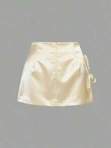 Minifalda de satén rosa con abertura y lazo, estilo A-line, sexy, adecuada para uso diario - Amarillo - Ver 2