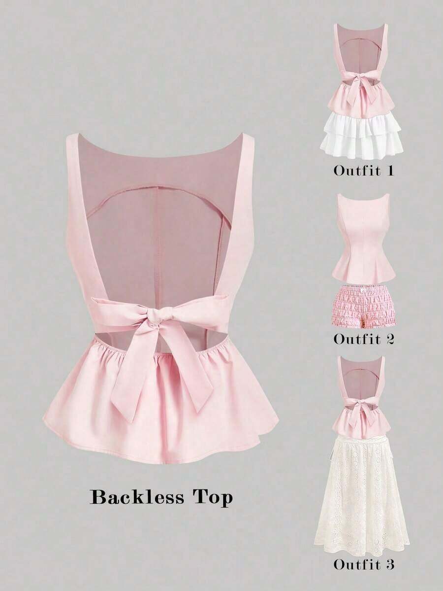 Top sin espalda con lazo y tirantes de barco en color rosa, ideal para vacaciones de verano, primavera/verano, Día de San Valentín, fiestas elegantes, ceremonias, vacaciones en la playa para mujeres, elegante, boda, estilo bohemio, top casual pa - Rosa - Ver 1