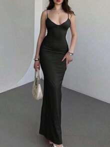 Vestido de encaje ajustado, elegante y romántico para cita nocturna, Día de San Valentín, con tirantes finos y largo, para fiesta de verano - Negro - Ver 3