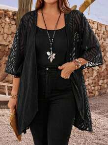 Chaqueta casual de apertura frontal con mangas 3/4 de jacquard para mujer de talla grande, para atuendos de vacaciones de otoño/invierno, atuendos de primavera, ropa de verano, vestidos de primavera, atuendos de primavera, ropa de primavera par - Negro - Ver 4