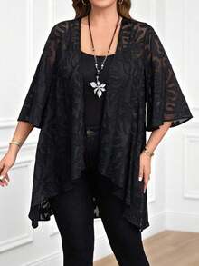 Chaqueta casual de apertura frontal con mangas 3/4 de jacquard para mujer de talla grande, para atuendos de vacaciones de otoño/invierno, atuendos de primavera, ropa de verano, vestidos de primavera, atuendos de primavera, ropa de primavera par - Negro 2 - Ver 3