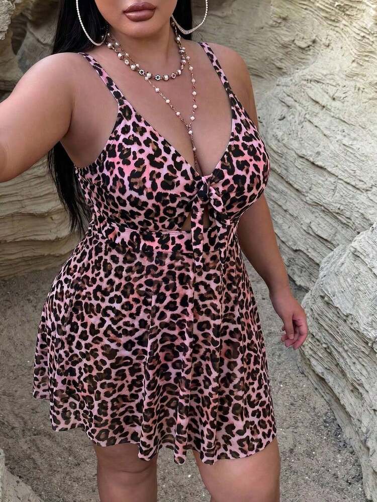 2026 Traje de baño de una pieza con efecto estilizante para tallas grandes| Estampado de leopardo clásico de estilo retro salvaje| Escote en V con lazo ajustable en la parte delantera para realzar el busto| Abertura frontal + dobladillo d - Multicolor 6 - Añade 6