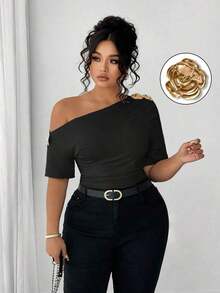 Blusa de talla grande para mujer elegante, personalizada, de moda, versátil, con un solo hombro, adecuada para uso diario - Negro - Ver 9