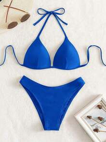 Conjunto de bikini liso, sujetador push up y parte inferior de bikini, traje de baño de 2 piezas - azul real - Ver 4