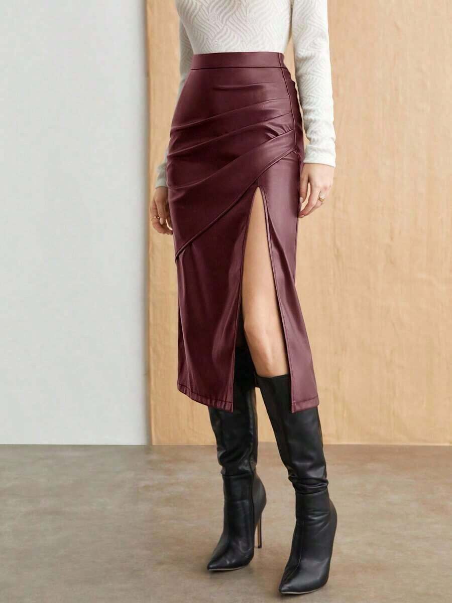 Falda con abertura alta de PU para mujer, atuendo de oficina casual urbano para ir al trabajo, vestimenta formal elegante para mujer en otoño - Burdeos - Ver 1