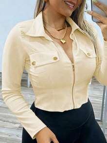 Blusa de manga larga con cuello, ajustada y con cremallera, con decoración metálica, de estilo sexy para mujeres - Amarillo claro - Ver 4