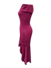 Vestido ajustado con hombros descubiertos y efecto retorcido, sexy y elegante para mujer - Rosa Fucsia - Ver 4