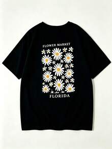 Floral Print Short-Sleeve T-Shirts, New. Single Garment, Not A 3-Piece Set. 1 Piece/Set Of Short-Sleeve T-Shirts Suitable For Streetwear. Oversized Round Neck Top For Daily Outings, Camping, Concerts, Hip-Hop, Rock, And Rap Events. Casual And Loose-Fitting Vacation-Style Blouses With A Round Neck And Cute Designs. Fashionable Everyday Tops, Suitable For Holidays Such As Valentine's Day, Back To School, And Teacher's Day. Letter Print, Soft, Loose, And Comfortable. Casual Short-Sleeve Vacation Tops For Summer. - 黑色 - 查看 2