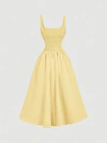 MOD Vestido midi elegante de unicolor con pliegues en la cintura para fiesta - Amarillo - Ver 6