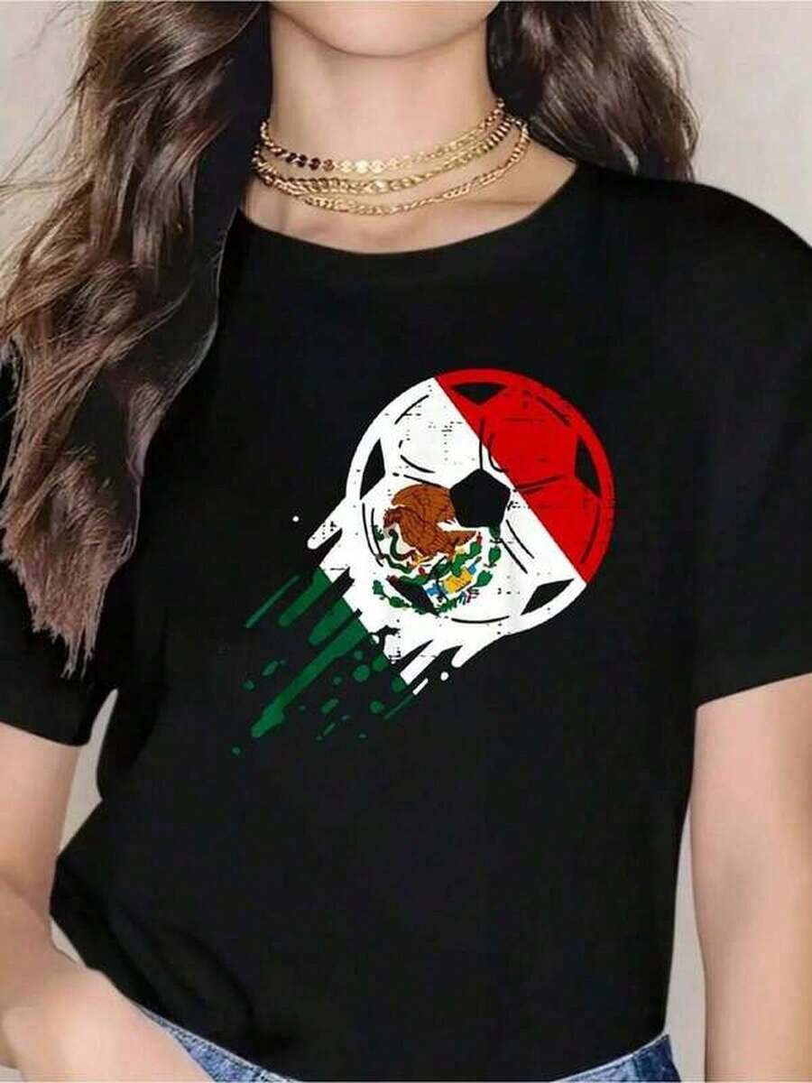 Mexican Flag Soccer Jersey For Men, Women, And Children, Short Sleeve, Casual, Breathable, Comfortable, Essential For Summer And Spring, Women's Short Sleeve T-Shirt, % - 黑色 - 查看 1