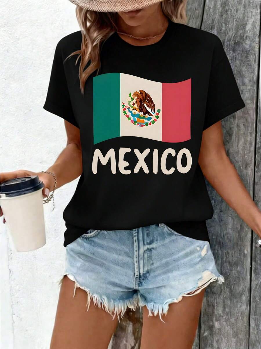 Talla Grande - Talla Grande - Nueva Camiseta de Verano para Mujer con el Diseño de la Bandera Mexicana, Manga Corta, Top Estampado Casual y Elegante para Damas Elegantes - Negro - Ver 1