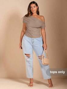 Camiseta negra de manga corta con hombro asimétrico para mujer de talla grande, ideal para verano, vacaciones en la playa, festivales de música country, fiestas, vacaciones, conciertos, fiestas de carnaval, festivales, top amarillo mantequilla, - Camel - Ver 8