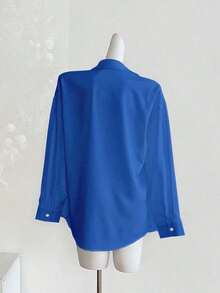 Camisa casual de manga larga, de un solo pecho, de unicolor y holgada para mujer - azul real - Ver 2