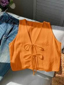 2026 Nuevo Top sin mangas con cuello en V, lazo delantero y bordado floral para mujer, ideal para vacaciones en la playa, uso casual, estilo Y2K de los 2000, primavera, graduación, fiesta de boda, vacaciones elegantes, San Valentín, carnaval, - Naranja Quemada - Ver 3