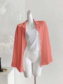 Camisa casual de manga larga, de un solo pecho, de unicolor y holgada para mujer - Naranja Coral - Ver 4