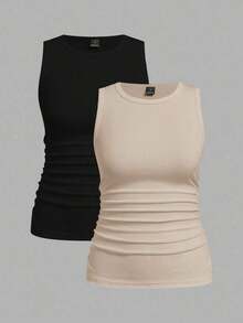 Set de 2 camisetas ajustadas de cuello redondo para mujer, casual, de vuelta al colegio - Multicolor 10 - Ver 9