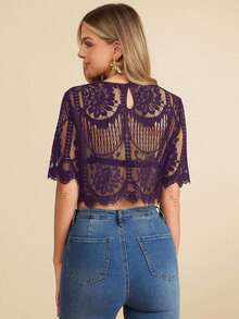 Blusa suelta de manga corta con encaje elegante para mujer, adecuada para la temporada de bodas, citas, primavera y verano, color: Blusa de verano casual de primavera y verano para mujer Blusa blanca Blusa bohemia Blusa de ojal Blusas de verano par - Morado - Ver 2