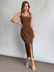 Vestido de cuello cuadrado para mujer con cintura fruncida y abertura.Elegante y adecuado para vacaciones, uso diario o temporada de bodas - Café integral - Ver 4