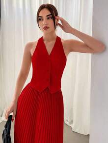 Conjunto de chaleco sin mangas con botones y falda plisada para mujer en otoño/invierno, 2 piezas - Rojo - Ver 4