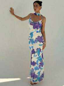 vestido con cuello drapeado sexy con espalda descubierta, estampado de malla con flores románticas y tirantes extra largos - Azul - Ver 5