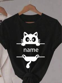 Customizable 100% Cotton T-Shirt With An Adorable Black Cat Design: Design With A Bow + Personalized Name, Create Your Own Unique Cuteness. Printed Design With A Custom Space For The "Name", Create Your Cute Festive Logo T-Shirt. Casual T-Shirt For Women And Young Ladies, Ideal For Mothers And Daughters. - 黑色 - 查看 4