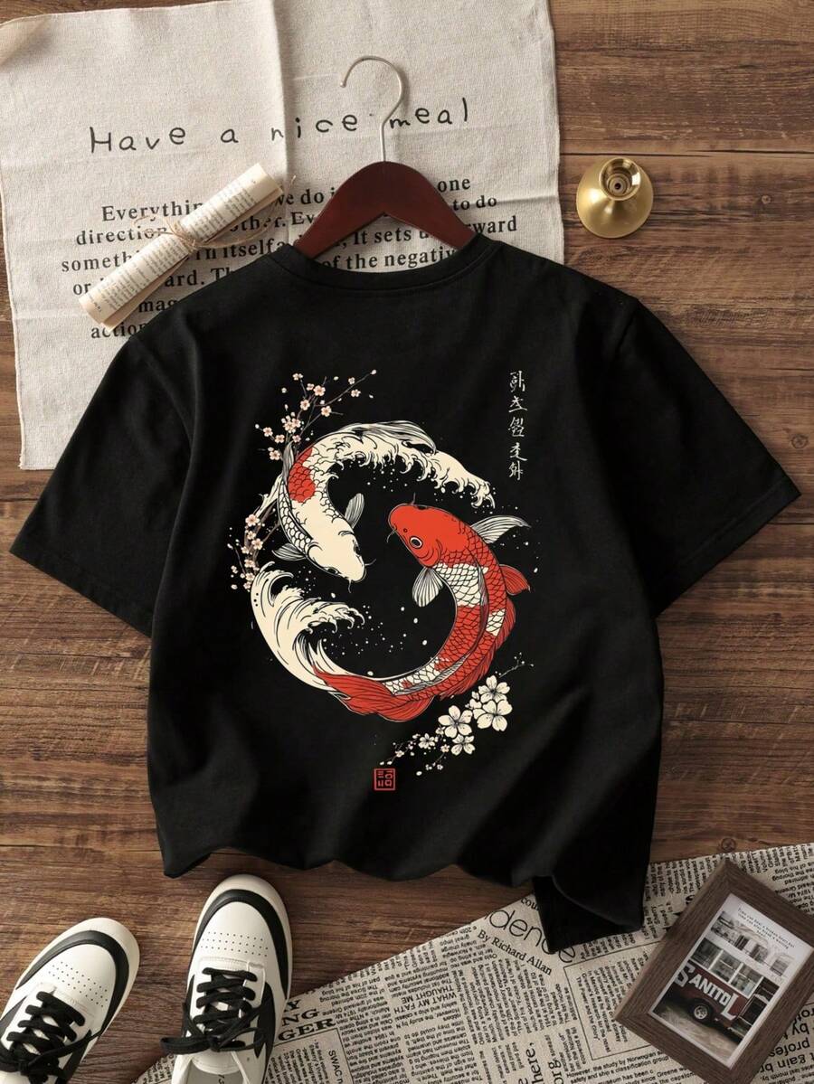Camiseta de mujer de cuello redondo y manga corta con estampado de carpa y flor de cerezo, adecuada para oficina, salidas, uso diario, playa y ocasiones especiales.También para uso al aire libre, este estilo versátil la mejor opción para atuendos de verano - Blanco - Ver 1