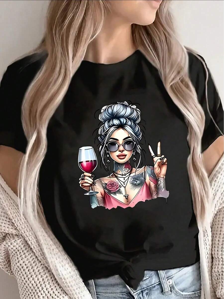 Women's Polyester Short-Sleeved T-Shirt, Featuring A Design Of A Woman Holding A Wine Glass, Lightweight And Durable, Suitable For Casual Wear At Home Or In Restaurants, With A Stylish Design That Offers A Comfortable Everyday Experience. - 黑色 - 查看 1