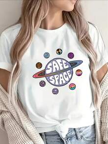 Camiseta de manga corta de poliéster, con diseño de planetas de temática espacial, ligera y duradera, adecuada para uso casual en casa o en una cafetería, con estampados cósmicos coloridos, ideal para un uso diario cómodo. - Blanco - Ver 6