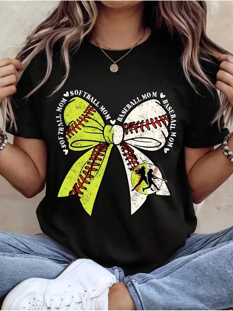 Baseball T-Shirt, Women's T-Shirts, Ideal For Lounging At Home And Outdoor Activities, Also Perfect As A Gift For Holidays Like Christmas And Valentine's Day - 黑色 - 查看 1