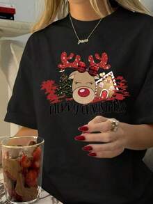 New 2026 Playera Navideña con estampado de Reno y accesorios Navideños, diseño colorido, ideal para esta temporada y uso diario, llamativo, moderno, holgado, cuello redondo, manga corta, ideal para toda la familia - Negro - Ver 6