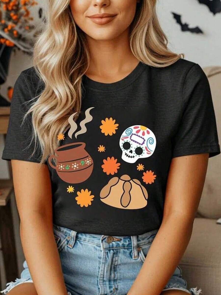 Unisex Short-Sleeved Crew Neck T-Shirt. Women's Casual Pumpkin Print Sequined Bow Leopard Loose Crew Neck Short Sleeve Autumn Party T-Shirt 2026 - 黑色 - 查看 1