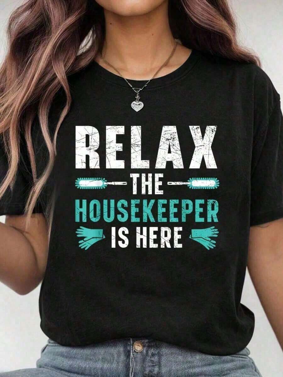 100% Cotton T-Shirt For Cleaning Staff, Waiters, Cleaning Personnel, Casual Graphic T-Shirt For Men And Women, Graphic T-Shirts For Women, Summer T-Shirt, Casual T-Shirt, Holiday Clothes For Women, Youthful And Modern Design, Suitable For Spring, Summer And Autumn. - 黑色 - 查看 1