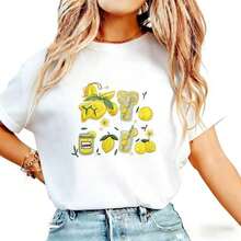 Casual Lemon Print T-Shirt, Summer T-Shirt, Gift T-Shirt For Food Lovers, Cute Gift For Her, Fashionable Fruit Blouse For Women, Summer T-Shirt For Ladies, 100% Cotton, Durable - 白色 - 查看 6