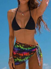 Conjunto de 3 piezas de traje de baño de bikini de unicolor y estilo sexy de halter para mujeres, conjunto de traje de baño, para vacaciones de verano en la playa - Negro - Ver 9