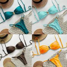 Bikini de color sólido, bikini sexy con lazos, traje de baño de dos piezas fresco y sencillo para mujer. - marrón café - Ver 3