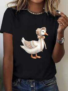 Plus Size - Women's T-Shirt With Adorable Duck Print - Soft And Loose Fit T-Shirt With Chicken And Bow Design, Casual White Blouse For Everyday Wear, Suitable For Spring And Summer - Fashionable Women's Clothing, Spring Wardrobe, Fun Design, Breathable Material, Short Sleeve T-Shirt, Fashionable For Women - A Very Distinctive Printed T-Shirt / Unisex Style / Suitable For Both Men And Women / Wrinkle-Resistant / Breathable - 黑色 - 查看 1