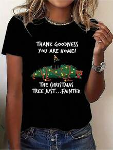 Loose Women's Funny Christmas Cat T-Shirt: Cute Black Cat Slogan And Thank God, Soft Crew Neck Short Sleeve T-Shirt With Festive Tree Design And Paw Print, Casual Wear For All Seasons - 黑色 - 查看 1