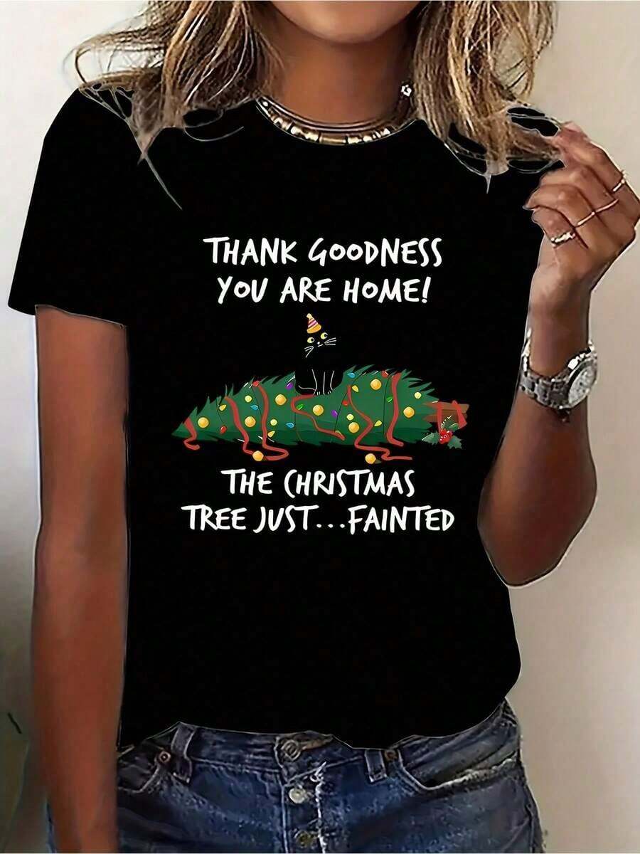 Loose Women's Funny Christmas Cat T-Shirt: Cute Black Cat Slogan And Thank God, Soft Crew Neck Short Sleeve T-Shirt With Festive Tree Design And Paw Print, Casual Wear For All Seasons - 黑色 - 查看 1