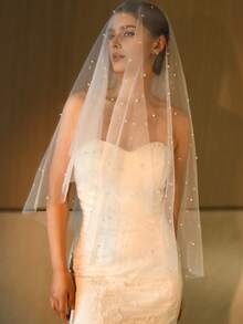 Beaded Wedding Veil 2 Tier Bridal Veils With Comb Wedding Cover Front And Back Soft Tulle Veil - Multicolor - View 6