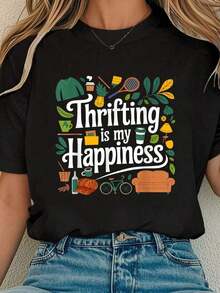 100% Cotton Thrifting Is My Therapy Vintage T-Shirt Thrift Shopping Casual Printed T-Shirt Round Neck Short Sleeve Comfortable T-Shirt For Spring And Summer Women's Clothing - 黑色 - 查看 1