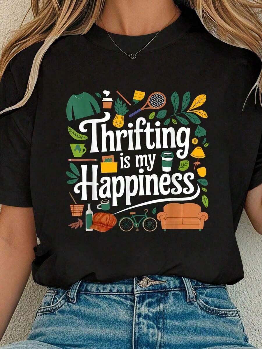 100% Cotton Thrifting Is My Therapy Vintage T-Shirt Thrift Shopping Casual Printed T-Shirt Round Neck Short Sleeve Comfortable T-Shirt For Spring And Summer Women's Clothing - 黑色 - 查看 1