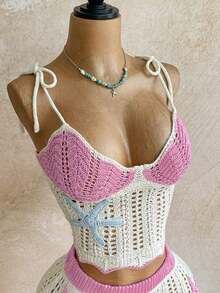 Conjunto de 2 piezas para mujer: Top de punto calado de color contrastante y falda mini con doble volante, adecuado para la playa, cruceros y festivales de música - Rosa - Ver 3