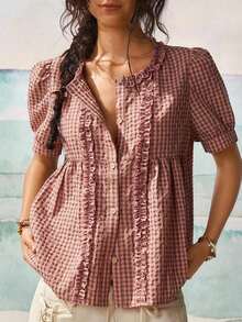 Camisa casual retro a cuadros con cuello redondo, volantes fruncidos y mangas con volantes para mujer - Rosa - Ver 3