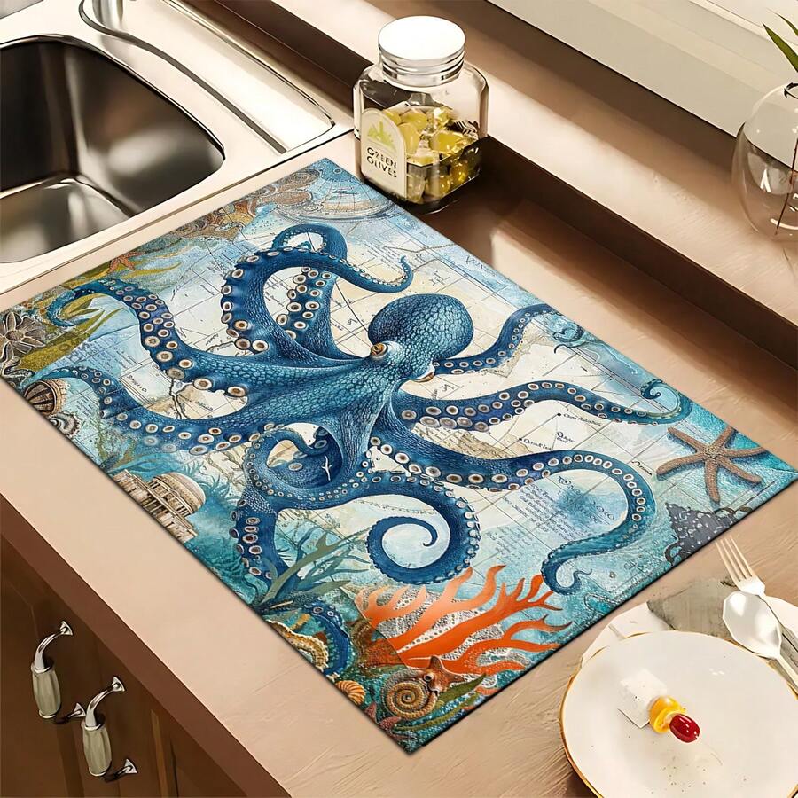 1pc Octopus Pattern Printed Absorbent Dish Drying Mat, Espresso Machine Countertop Absorbent Mat, Sink Drain Mat, Soft Faucet Absorbent Mat, Sink Cup Mat, Home & Kitchen, Bathroom Accessories - Multicolor - View 1