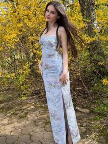 Elegant French-Style Floral Print Strappy Dress, Fitted Summer Fashion For Women - Blue - View 3